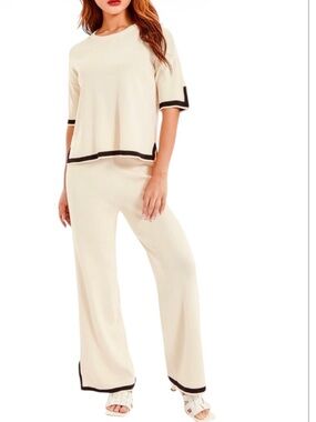 Cream Knit Two-Piece Lounge Set with Black Trim Wide Leg Pants Size XL